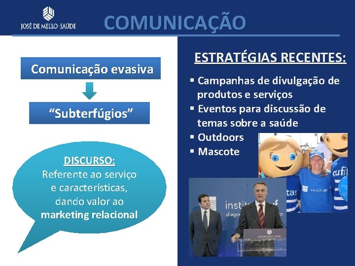 COMUNICAÇÃO Comunicação evasiva “Subterfúgios” DISCURSO: Referente ao serviço e características, dando valor ao marketing