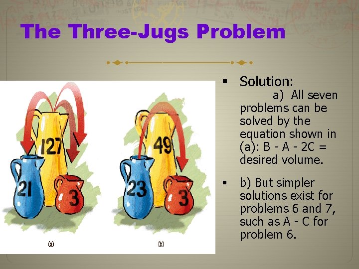 The Three-Jugs Problem § Solution: a) All seven problems can be solved by the