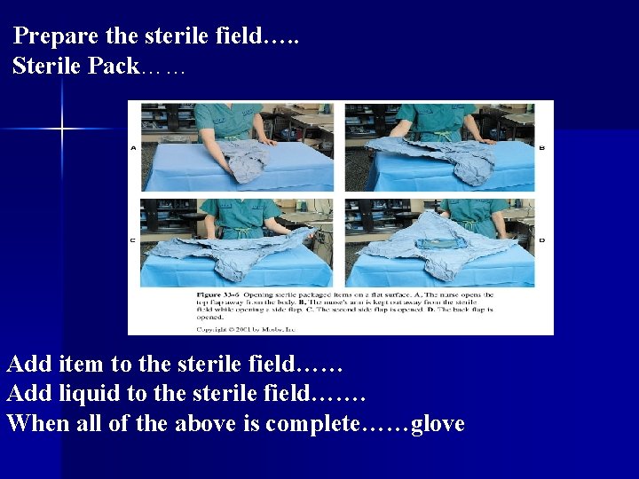 Prepare the sterile field…. . Sterile Pack…… Add item to the sterile field…… Add