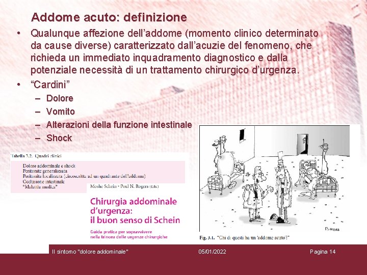 Addome acuto: definizione • Qualunque affezione dell’addome (momento clinico determinato da cause diverse) caratterizzato