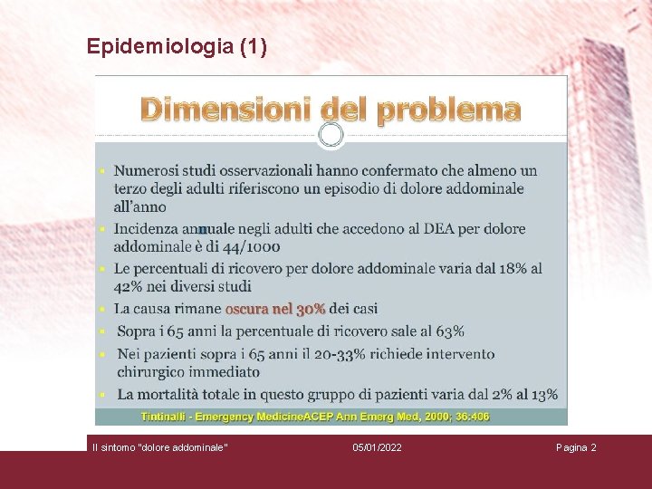 Epidemiologia (1) Il sintomo "dolore addominale" 05/01/2022 Pagina 2 