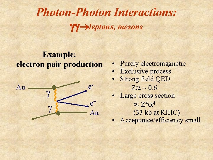 Photon-Photon Interactions: gg leptons, mesons Example: electron pair production Au g g ee+ Au