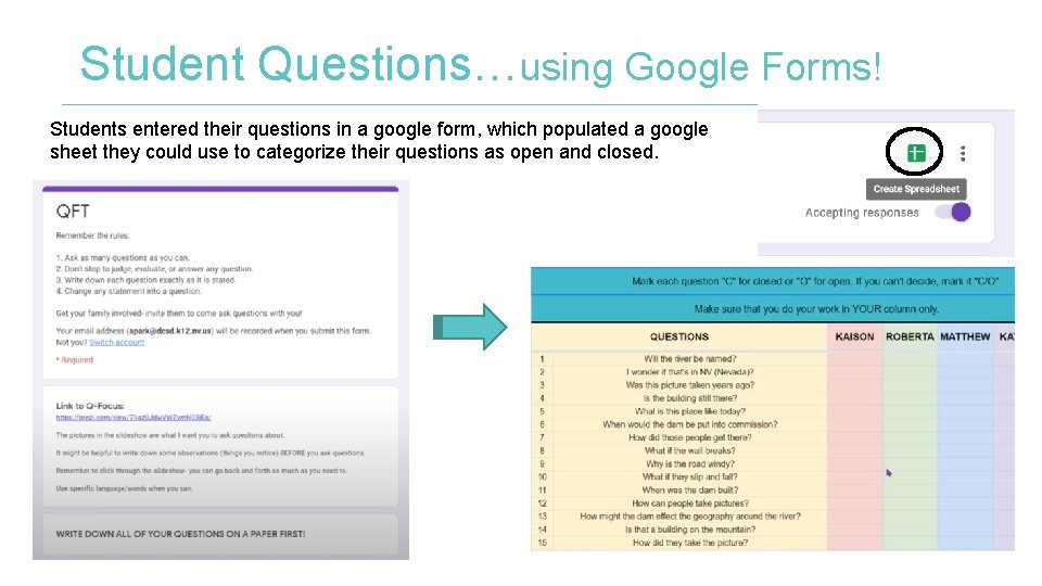 Student Questions…using Google Forms! Students entered their questions in a google form, which populated