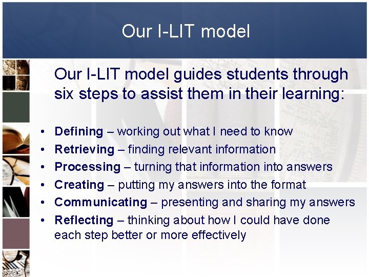 Our I-LIT model guides students through six steps to assist them in their learning: