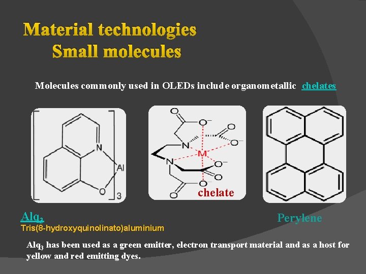 Material technologies Small molecules Molecules commonly used in OLEDs include organometallic chelates chelate Alq