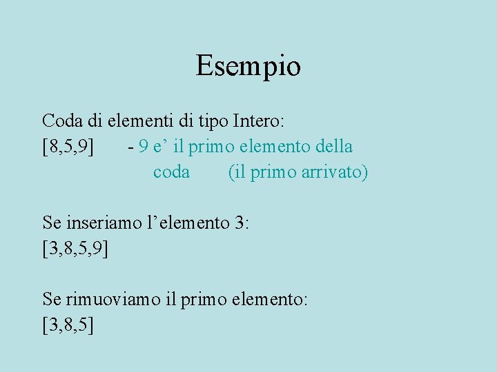 Esempio Coda di elementi di tipo Intero: [8, 5, 9] - 9 e’ il