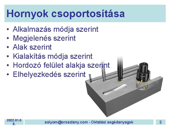 Hornyok csoportosítása • • • Alkalmazás módja szerint Megjelenés szerint Alak szerint Kialakítás módja Hornyok csoportosítása • • • Alkalmazás módja szerint Megjelenés szerint Alak szerint Kialakítás módja