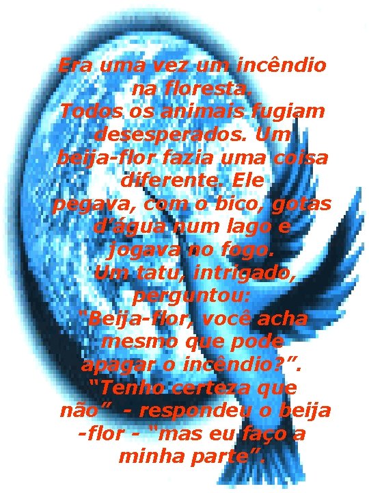 Era uma vez um incêndio na floresta. Todos os animais fugiam desesperados. Um beija-flor