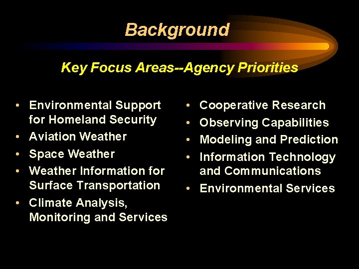 Background Key Focus Areas--Agency Priorities • Environmental Support for Homeland Security • Aviation Weather