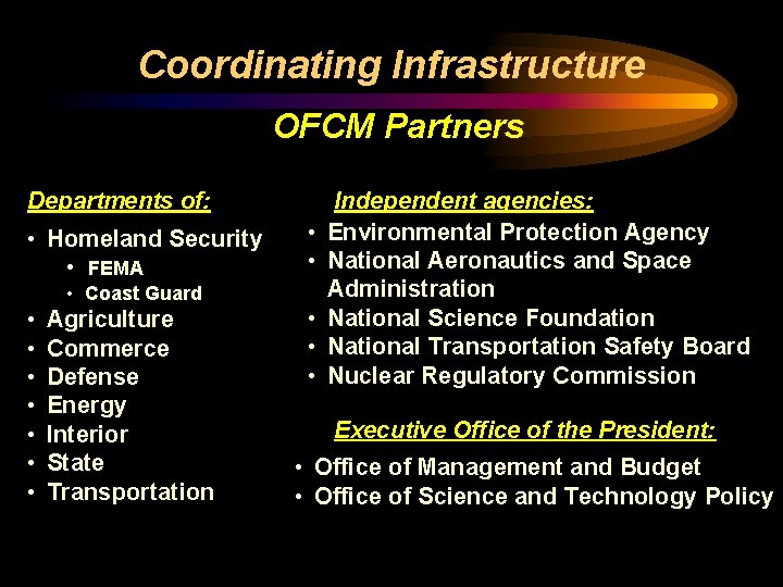 Coordinating Infrastructure OFCM Partners Departments of: • Homeland Security • FEMA • Coast Guard