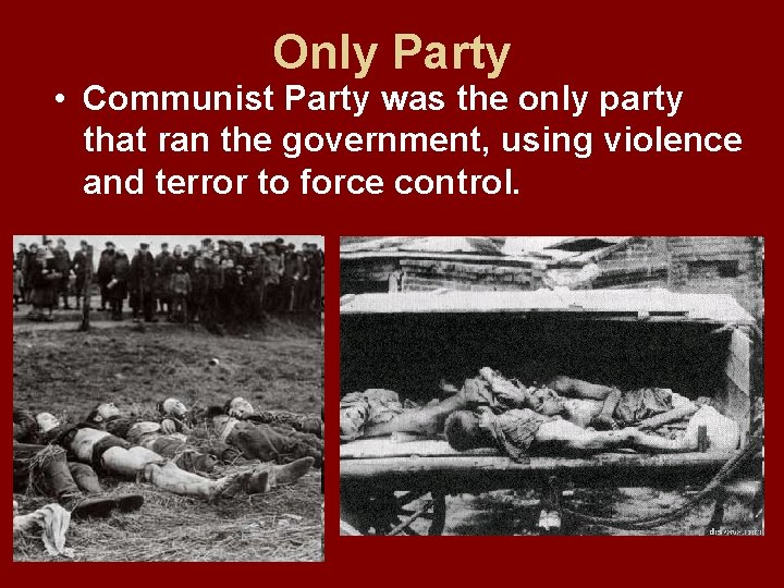 Only Party • Communist Party was the only party that ran the government, using
