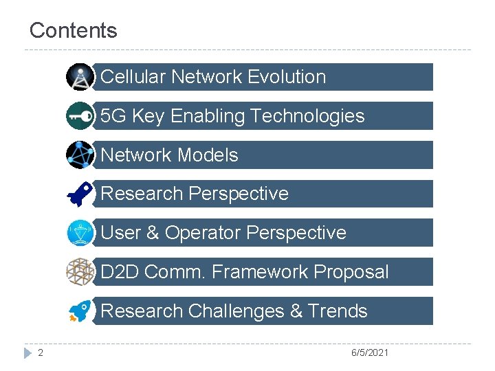Contents Cellular Network Evolution 5 G Key Enabling Technologies Network Models Research Perspective User