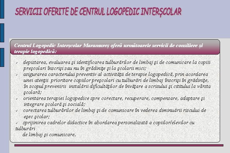 Centrul Logopedic Interșcolar Maramureș oferă următoarele servicii de consiliere și terapie logopedică: depistarea, evaluarea