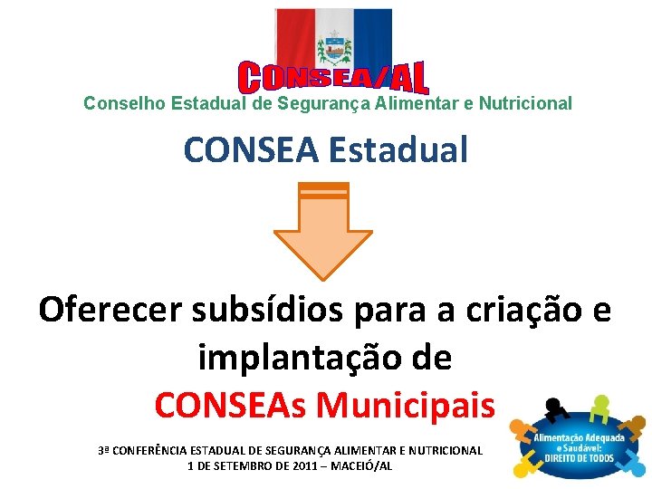 Conselho Estadual de Segurança Alimentar e Nutricional CONSEA Estadual Oferecer subsídios para a criação