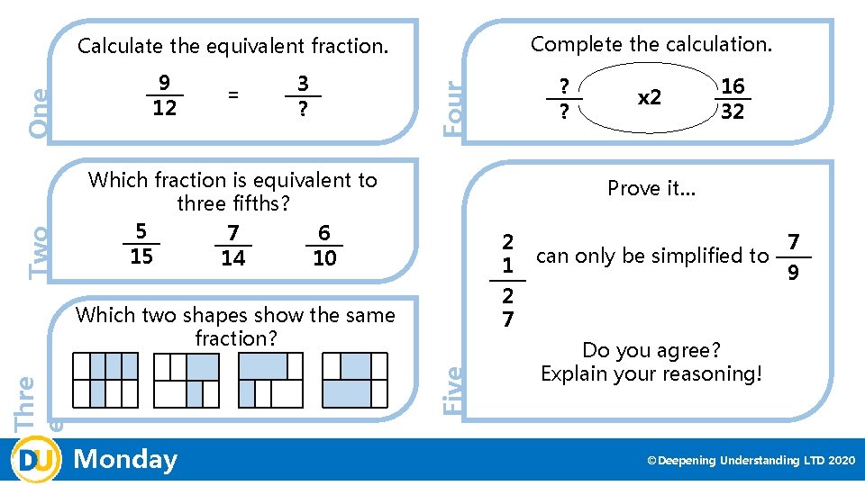 Complete the calculation. Two 9 12 = 3 ? Which fraction is equivalent to