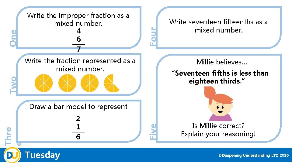 7 Four One Write the improper fraction as a mixed number. 4 6 Write