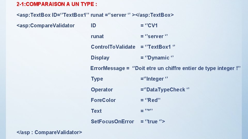 2 -1: COMPARAISON A UN TYPE : <asp: Text. Box ID=‘’Text. Box 1’’ runat