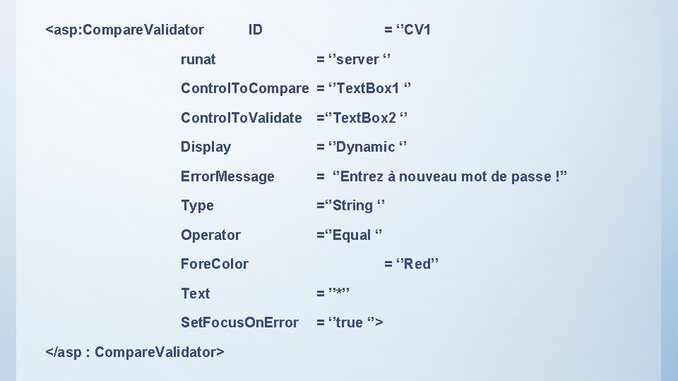 <asp: Compare. Validator ID runat = ‘’CV 1 = ‘’server ‘’ Control. To. Compare