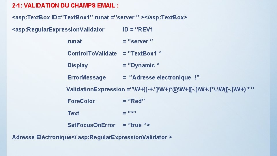 2 -1: VALIDATION DU CHAMPS EMAIL : <asp: Text. Box ID=‘’Text. Box 1’’ runat