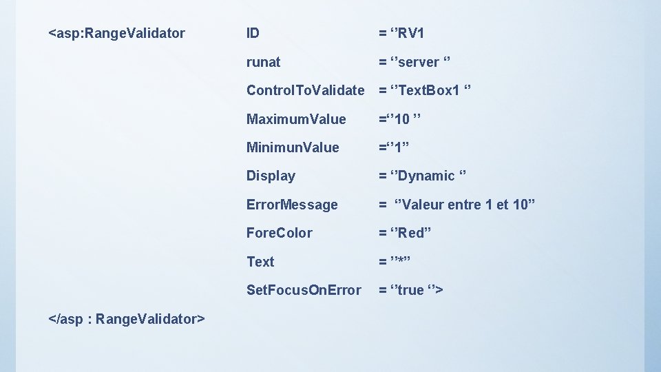 <asp: Range. Validator ID = ‘’RV 1 runat = ‘’server ‘’ Control. To. Validate