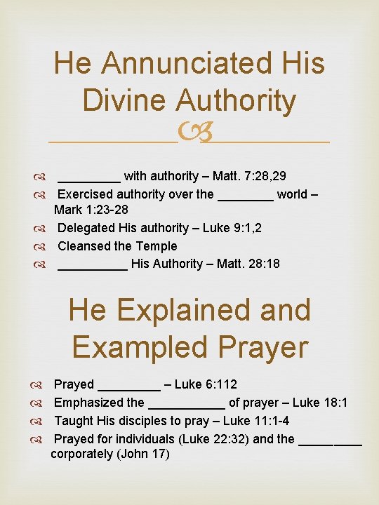 He Annunciated His Divine Authority _____ with authority – Matt. 7: 28, 29 Exercised