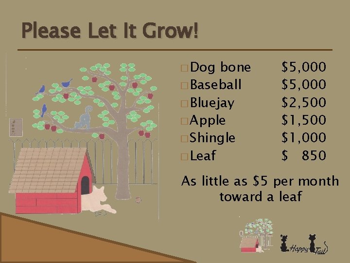 Please Let It Grow! � Dog bone � Baseball � Bluejay � Apple �