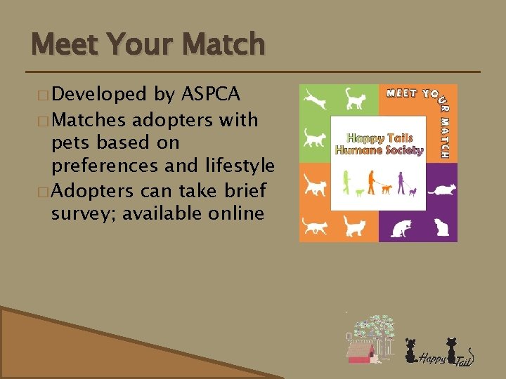 Meet Your Match � Developed by ASPCA � Matches adopters with pets based on