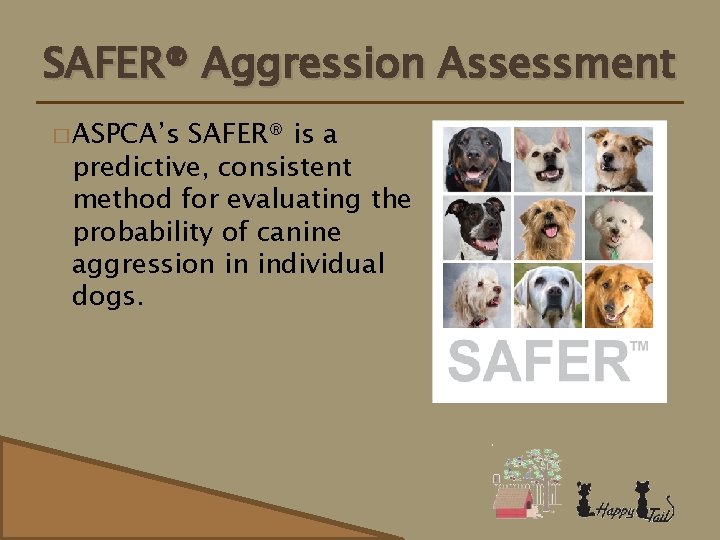 SAFER® Aggression Assessment � ASPCA’s SAFER® is a predictive, consistent method for evaluating the