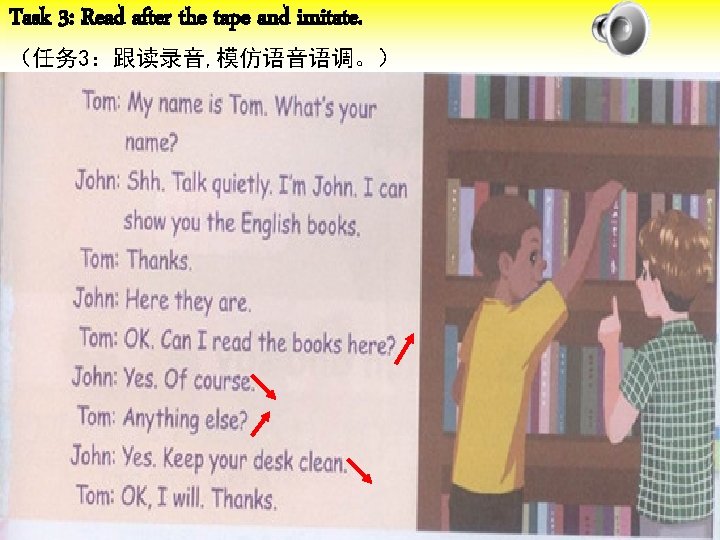Task 3: Read after the tape and imitate. （任务 3：跟读录音, 模仿语音语调。） 