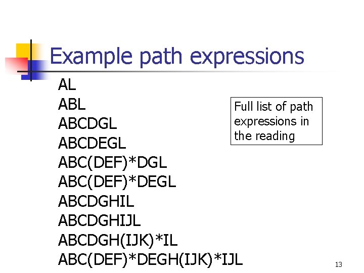 Example path expressions AL ABL Full list of path expressions in ABCDGL the reading