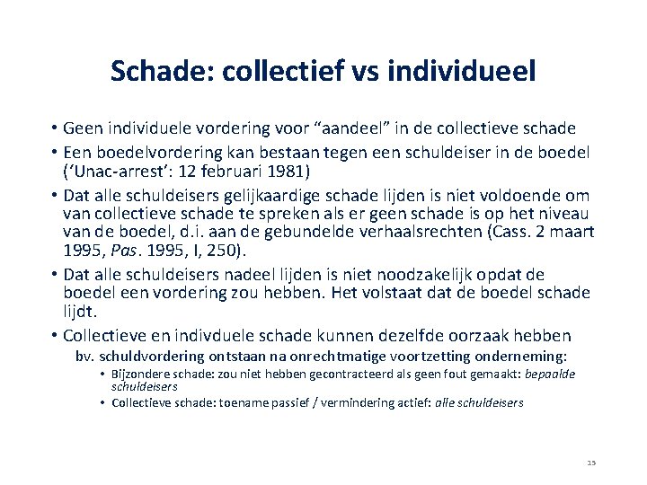 Schade: collectief vs individueel • Geen individuele vordering voor “aandeel” in de collectieve schade