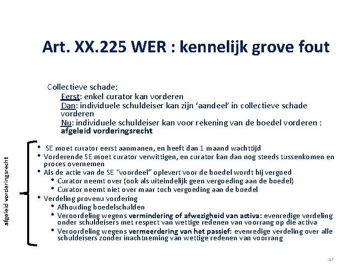 Art. XX. 225 WER : kennelijk grove fout afgeleid vorderingsrecht Collectieve schade: Eerst: enkel