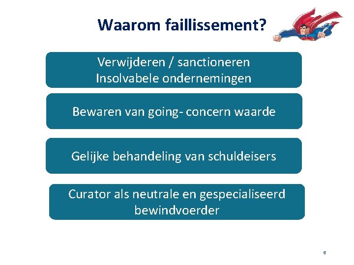 Waarom faillissement? Verwijderen / sanctioneren Insolvabele ondernemingen Bewaren van going- concern waarde Gelijke behandeling