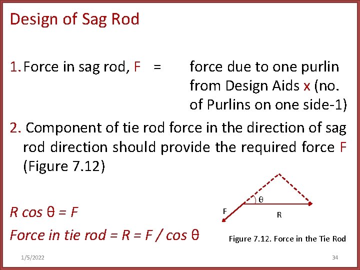 Design of Sag Rod 1. Force in sag rod, F = force due to