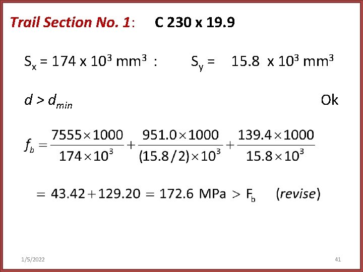 Trail Section No. 1: C 230 x 19. 9 Sx = 174 x 103