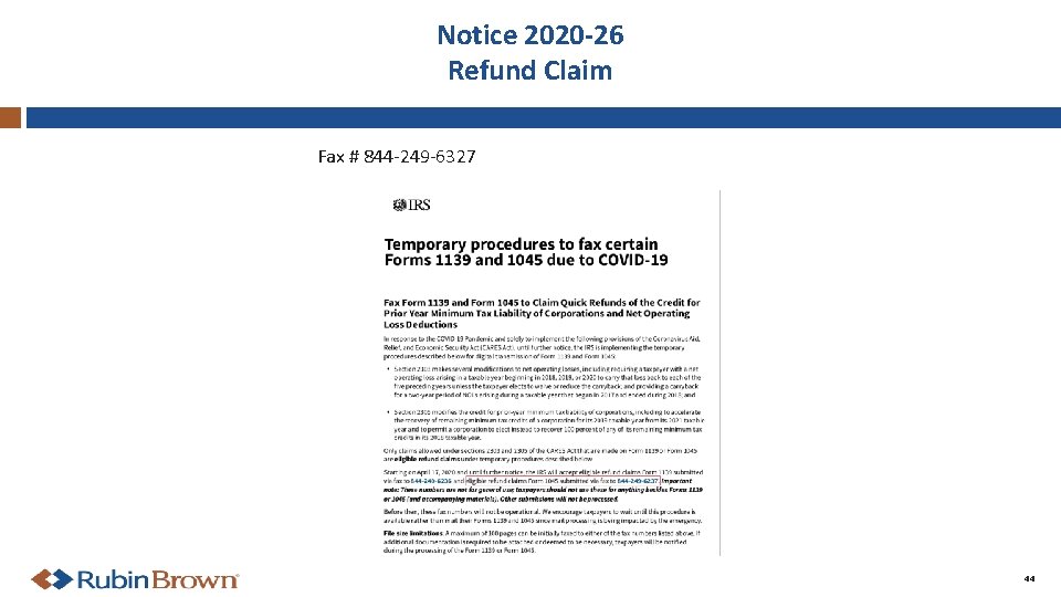 Notice 2020 -26 Refund Claim Fax # 844 -249 -6327 44 