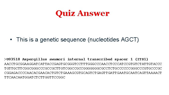 Quiz Answer • This is a genetic sequence (nucleotides AGCT) >U 03518 Aspergillus awamori Quiz Answer • This is a genetic sequence (nucleotides AGCT) >U 03518 Aspergillus awamori