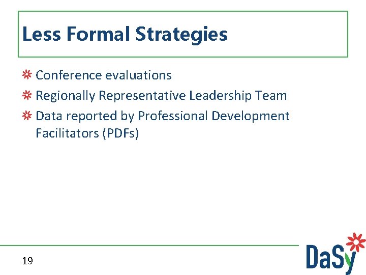 Less Formal Strategies Conference evaluations Regionally Representative Leadership Team Data reported by Professional Development