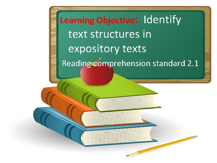 Learning Objective: Identify text structures in expository texts Reading comprehension standard 2. 1 