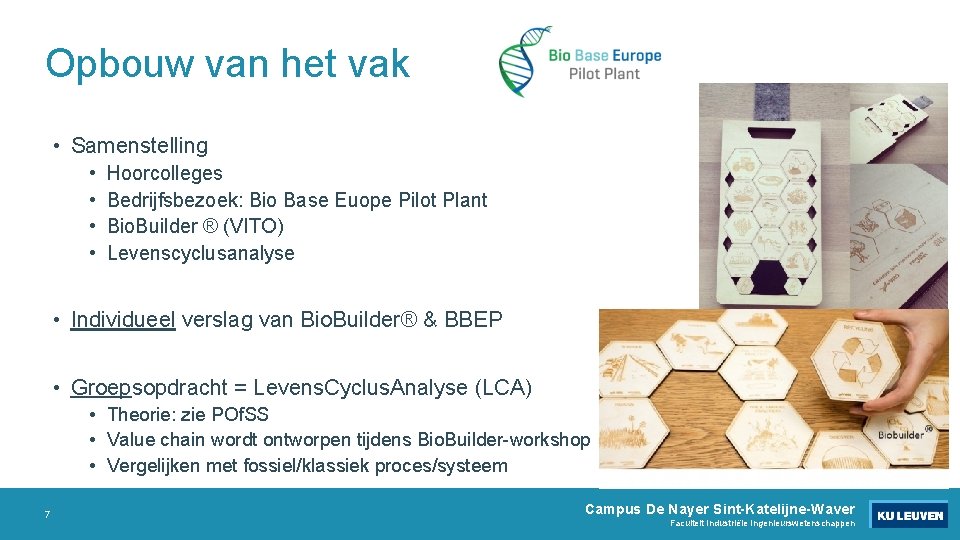 Opbouw van het vak • Samenstelling • • Hoorcolleges Bedrijfsbezoek: Bio Base Euope Pilot