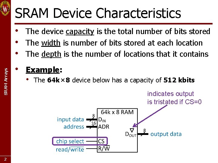 SRAM Arrays SRAM Device Characteristics 2 • • • The device capacity is the