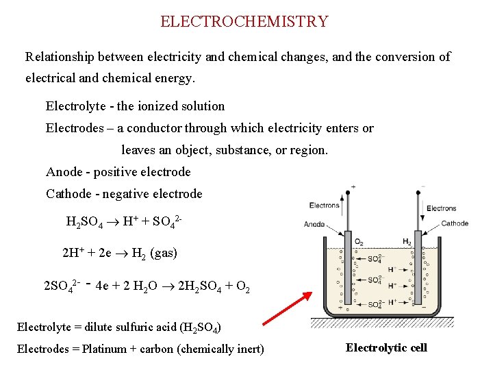 ELECTROCHEMISTRY Relationship between electricity and chemical changes, and the conversion of electrical and chemical