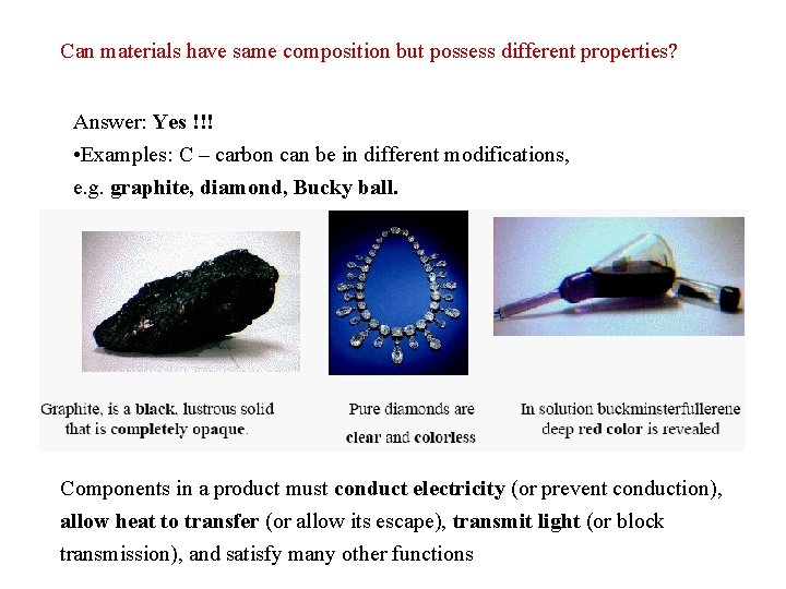 Can materials have same composition but possess different properties? Answer: Yes !!! • Examples: