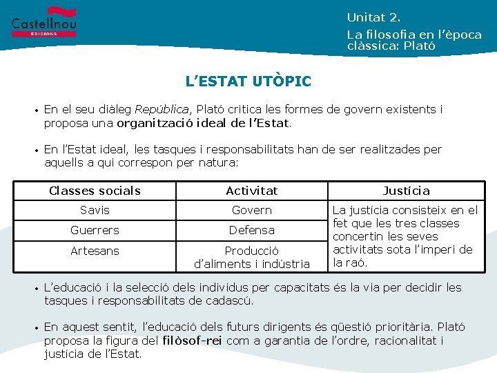 Unitat 2. La filosofia en l’època clàssica: Plató L’ESTAT UTÒPIC • En el seu