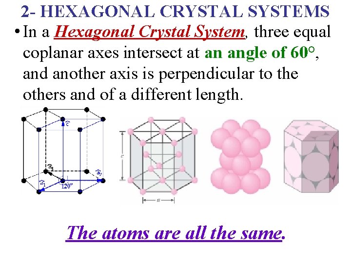 2 - HEXAGONAL CRYSTAL SYSTEMS • In a Hexagonal Crystal System, three equal coplanar 2 - HEXAGONAL CRYSTAL SYSTEMS • In a Hexagonal Crystal System, three equal coplanar