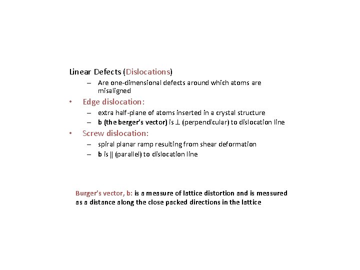 Linear Defects (Dislocations) – Are one-dimensional defects around which atoms are misaligned • Edge Linear Defects (Dislocations) – Are one-dimensional defects around which atoms are misaligned • Edge