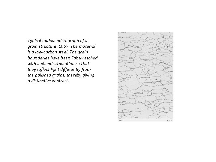 Typical optical micrograph of a grain structure, 100×. The material is a low-carbon steel. Typical optical micrograph of a grain structure, 100×. The material is a low-carbon steel.
