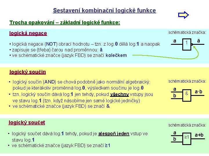 opakování Sestavení kombinační logické funkce Trocha opakování – základní logické funkce: logická negace •