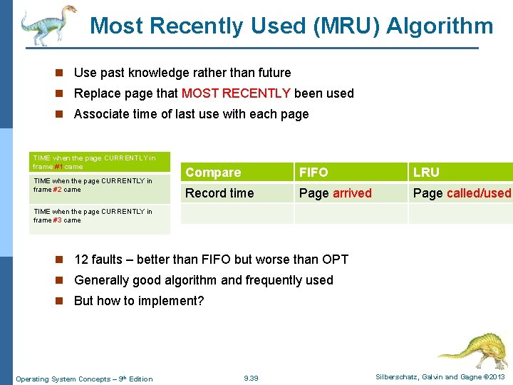 Most Recently Used (MRU) Algorithm n Use past knowledge rather than future n Replace