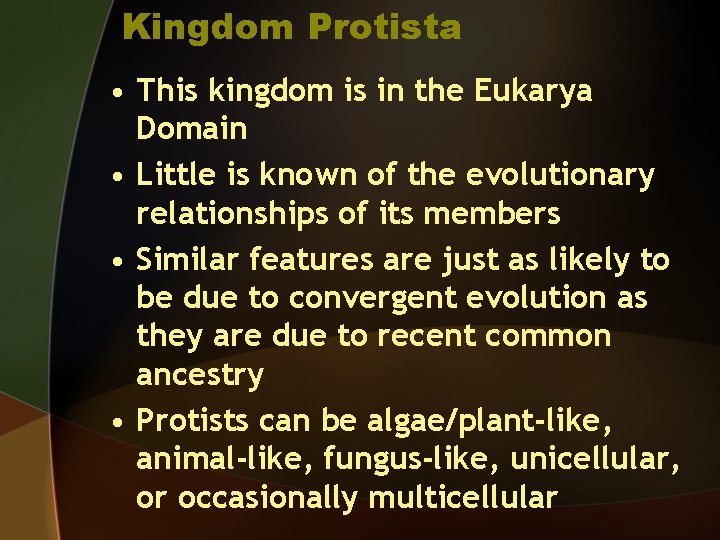 Kingdom Protista • This kingdom is in the Eukarya Domain • Little is known